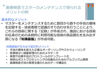 +画像検査マスターのメンテナンスで得られる
メリットの例
基本的なメリット
• マスターをメンテナンスするために数百から数千の手技の意味
を記録する・技術者間で認識のすり合わせを行うことにより、
これらの技術に関する「記録」が作成され、施設における技術
の伝承のための永続的に利用可能な技術の高品質化を生み出す
源になる「知識基盤」が作成可能。
知識基盤が生み出す副次的メリット
• 手技の意味を捉えた正確なオーダーリングやスケジューリング
• 医療被ばく線量管理のためのメタデータ
• 検査や治療手技のプロトコールのテンプレート化
• 単純なポストプロセッシングの自動化のためのアルゴリズム開発
• 画像検査手技の教育支援のためのデータ構造化
 