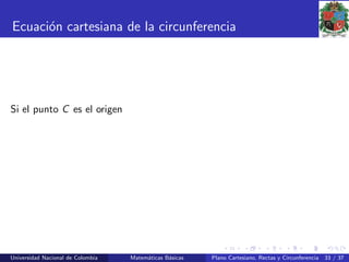 Ecuaci´on cartesiana de la circunferencia
Si el punto C es el origen
Universidad Nacional de Colombia Matem´aticas B´asicas Plano Cartesiano, Rectas y Circunferencia 33 / 37
 