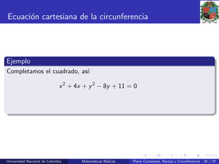 Ecuaci´on cartesiana de la circunferencia
Ejemplo
Completamos el cuadrado, as´ı:
x2
+ 4x + y2
− 8y + 11 = 0
Universidad Nacional de Colombia Matem´aticas B´asicas Plano Cartesiano, Rectas y Circunferencia 35 / 37
 