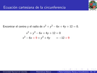 Ecuaci´on cartesiana de la circunferencia
Encontrar el centro y el radio de x2 + y2 − 6x + 4y + 12 = 0.
x2
+ y2
− 6x + 4y + 12 = 0
x2
− 6x + 9 + y2
+ 4y = −12 + 9
Universidad Nacional de Colombia Matem´aticas B´asicas Plano Cartesiano, Rectas y Circunferencia 36 / 37
 