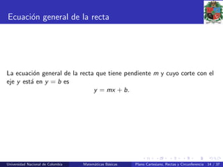 Ecuaci´on general de la recta
La ecuaci´on general de la recta que tiene pendiente m y cuyo corte con el
eje y est´a en y = b es
y = mx + b.
Universidad Nacional de Colombia Matem´aticas B´asicas Plano Cartesiano, Rectas y Circunferencia 14 / 37
 