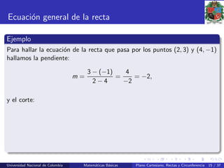 Ecuaci´on general de la recta
Ejemplo
Para hallar la ecuaci´on de la recta que pasa por los puntos (2, 3) y (4, −1)
hallamos la pendiente:
m =
3 − (−1)
2 − 4
=
4
−2
= −2,
y el corte:
Universidad Nacional de Colombia Matem´aticas B´asicas Plano Cartesiano, Rectas y Circunferencia 15 / 37
 