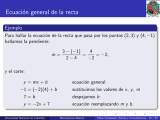 Ecuaci´on general de la recta
Ejemplo
Para hallar la ecuaci´on de la recta que pasa por los puntos (2, 3) y (4, −1)
hallamos la pendiente:
m =
3 − (−1)
2 − 4
=
4
−2
= −2,
y el corte:
y = mx + b ecuaci´on general
−1 = (−2)(4) + b sustituimos los valores de x, y, m
7 = b despejamos b
y = −2x + 7 ecuaci´on reemplazando m y b.
Universidad Nacional de Colombia Matem´aticas B´asicas Plano Cartesiano, Rectas y Circunferencia 15 / 37
 