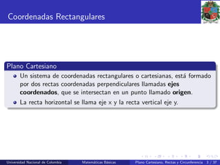 Coordenadas Rectangulares
Plano Cartesiano
Un sistema de coordenadas rectangulares o cartesianas, est´a formado
por dos rectas coordenadas perpendiculares llamadas ejes
coordenados, que se intersectan en un punto llamado origen.
La recta horizontal se llama eje x y la recta vertical eje y.
Universidad Nacional de Colombia Matem´aticas B´asicas Plano Cartesiano, Rectas y Circunferencia 3 / 37
 