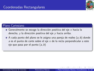 Coordenadas Rectangulares
Plano Cartesiano
Generalmente se escoge la direcci´on positiva del eje x hacia la
derecha, y la direcci´on positiva del eje y hacia arriba.
A cada punto del plano se le asigna una pareja de reales (a, b) donde
a es el punto de corte sobre el eje x de la recta perpendicular a este
eje que pasa por el punto (a, b)
Universidad Nacional de Colombia Matem´aticas B´asicas Plano Cartesiano, Rectas y Circunferencia 4 / 37
 