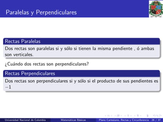 Paralelas y Perpendiculares
Rectas Paralelas
Dos rectas son paralelas si y s´olo si tienen la misma pendiente , ´o ambas
son verticales.
¿Cu´ando dos rectas son perpendiculares?
Rectas Perpendiculares
Dos rectas son perpendiculares si y s´olo si el producto de sus pendientes es
−1
Universidad Nacional de Colombia Matem´aticas B´asicas Plano Cartesiano, Rectas y Circunferencia 26 / 37
 