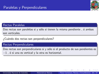 Paralelas y Perpendiculares
Rectas Paralelas
Dos rectas son paralelas si y s´olo si tienen la misma pendiente , ´o ambas
son verticales.
¿Cu´ando dos rectas son perpendiculares?
Rectas Perpendiculares
Dos rectas son perpendiculares si y s´olo si el producto de sus pendientes es
−1 , ´o si una es vertical y la otra es horizontal.
Universidad Nacional de Colombia Matem´aticas B´asicas Plano Cartesiano, Rectas y Circunferencia 26 / 37
 