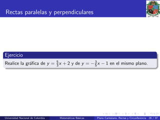 Rectas paralelas y perpendiculares
Ejercicio
Realice la gr´aﬁca de y = 5
3x + 2 y de y = −3
5x − 1 en el mismo plano.
Universidad Nacional de Colombia Matem´aticas B´asicas Plano Cartesiano, Rectas y Circunferencia 28 / 37
 