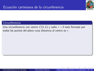 Ecuaci´on cartesiana de la circunferencia
Circunferencia
Una circunferencia con centro C(h, k) y radio r > 0 est´a formada por
todos los puntos del plano cuya distancia al centro es r.
Universidad Nacional de Colombia Matem´aticas B´asicas Plano Cartesiano, Rectas y Circunferencia 30 / 37
 