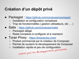Création d’un dépôt privé
● Packagist : https://github.com/composer/packagist
○ Installation et configuration complexes
○ Trop de fonctionnalités ( gestion utilisateurs, etc … )
● Satis : https://github.com/composer/satis
○ Packagist allégé
○ Reste complexe à configurer et à maintenir
● Toran Proxy : https://toranproxy.com/
○ Produit commercial par le créateur de Composer
○ Permet de soutenir le développement de Composer
○ Installation rapide et peu de configuration
Gratuit pour les développements personnels
 