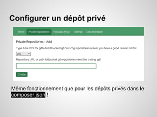 Configurer un dépôt privé
Même fonctionnement que pour les dépôts privés dans le
composer.json !
 