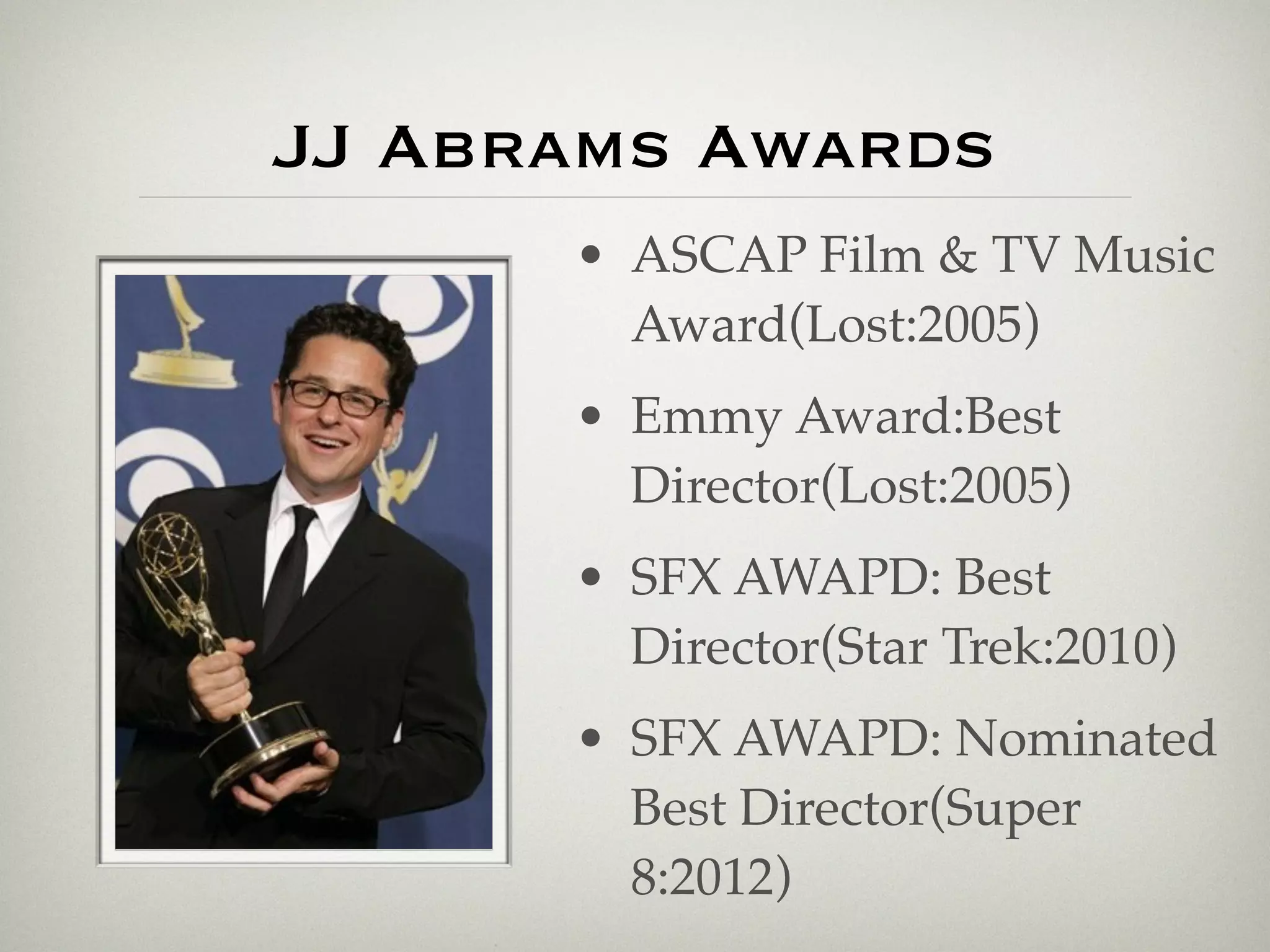 JJ Abrams Awards
      • ASCAP Film & TV Music
        Award(Lost:2005)
      • Emmy Award:Best
        Director(Lost:2005)
      • SFX AWAPD: Best
        Director(Star Trek:2010)
      • SFX AWAPD: Nominated
        Best Director(Super
        8:2012)
 