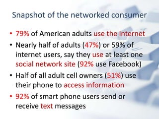 And, folks aren’t using just one SNS!If trends continue, the majority of American adult internet users will have profiles on multiple social network sites.Currently, a majority of social networking site users already do (52%). Changing social roles, workforce, culture, politics, news sources, community, participation, and commerce