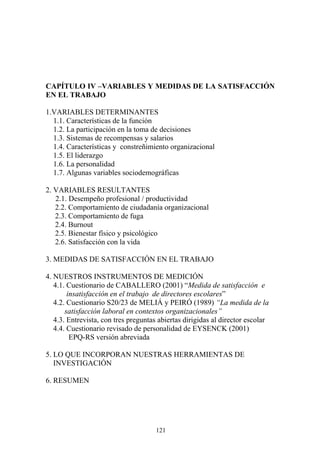 121
CAPÍTULO IV –VARIABLES Y MEDIDAS DE LA SATISFACCIÓN
EN EL TRABAJO
1.VARIABLES DETERMINANTES
1.1. Características de la función
1.2. La participación en la toma de decisiones
1.3. Sistemas de recompensas y salarios
1.4. Características y constreñimiento organizacional
1.5. El liderazgo
1.6. La personalidad
1.7. Algunas variables sociodemográficas
2. VARIABLES RESULTANTES
2.1. Desempeño profesional / productividad
2.2. Comportamiento de ciudadanía organizacional
2.3. Comportamiento de fuga
2.4. Burnout
2.5. Bienestar físico y psicológico
2.6. Satisfacción con la vida
3. MEDIDAS DE SATISFACCIÓN EN EL TRABAJO
4. NUESTROS INSTRUMENTOS DE MEDICIÓN
4.1. Cuestionario de CABALLERO (2001) “Medida de satisfacción e
insatisfacción en el trabajo de directores escolares”
4.2. Cuestionario S20/23 de MELIÁ y PEIRÓ (1989) “La medida de la
satisfacción laboral en contextos organizacionales”
4.3. Entrevista, con tres preguntas abiertas dirigidas al director escolar
4.4. Cuestionario revisado de personalidad de EYSENCK (2001)
EPQ-RS versión abreviada
5. LO QUE INCORPORAN NUESTRAS HERRAMIENTAS DE
INVESTIGACIÓN
6. RESUMEN
 