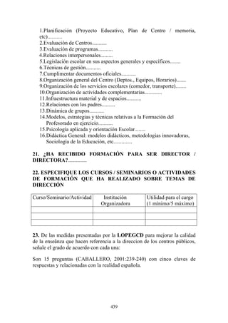 439
1.Planificación (Proyecto Educativo, Plan de Centro / memoria,
etc)...........
2.Evaluación de Centros...........
3.Evaluación de programas...........
4.Relaciones interpersonales.........
5.Legislación escolar en sus aspectos generales y específicos........
6.Técnicas de gestión...........
7.Cumplimentar documentos oficiales...........
8.Organización general del Centro (Deptos., Equipos, Horarios).......
9.Organización de los servicios escolares (comedor, transporte)........
10.Organización de actividades complementarias.............
11.Infraestructura material y de espacios...........
12.Relaciones con los padres..........
13.Dinámica de grupos...........
14.Modelos, estrategias y técnicas relativas a la Formación del
Profesorado en ejercicio...........
15.Psicología aplicada y orientación Escolar........
16.Didáctica General: modelos didácticos, metodologías innovadoras,
Sociología de la Educación, etc..............
21. ¿HA RECIBIDO FORMACIÓN PARA SER DIRECTOR /
DIRECTORA?..............
22. ESPECIFIQUE LOS CURSOS / SEMINARIOS O ACTIVIDADES
DE FORMACIÓN QUE HA REALIZADO SOBRE TEMAS DE
DIRECCIÓN
Curso/Seminario/Actividad Institución
Organizadora
Utilidad para el cargo
(1 mínimo/5 máximo)
23. De las medidas presentadas por la LOPEGCD para mejorar la calidad
de la enseãnza que hacen referencia a la direccion de los centros públicos,
señale el grado de acuerdo con cada una:
Son 15 preguntas (CABALLERO, 2001:239-240) con cinco claves de
respuestas y relacionadas con la realidad española.
 