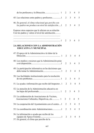 447
de los profesores y la Dirección.......................... 1 2 3 4 5
45. Las relaciones entre padres y profesores................1 2 3 4 5
46. En general, el clima relacional que percibo con
los padres me produce un nivel de satisfacción.....1 2 3 4 5
Exprese otros aspectos que le afecten en su relación
Con los padres y valore el nivel de satisfacción..........
.....................................................................................
.....................................................................................
..................................................................................... 1 2 3 4 5
2.4. RELACIONES CON LA ADMINISTRACIÓN
EDUCATIVA Y MUNICIPAL
47. El apoyo de la Administración a la labor de la
Dirección............................................................... 1 2 3 4 5
48. Los medios y recursos que la Administración pone
a mi disposición......................................................1 2 3 4 5
49. La participación informativa en las decisiones que
debe tomar la Administración................................ 1 2 3 4 5
50. Las facilidades institucionales para la resolución
de mis problemas................................................... 1 2 3 4 5
51. La ayuda e información que recibo del Inspector.. 1 2 3 4 5
52. La atención de la Administración educativa en
las bajas del profesorado....................................... 1 2 3 4 5
53. La colaboración de Asociaciones de Vecinos,
Asociaciones Culturales, Deportivas, etc............. 1 2 3 4 5
54. La cooperación del Ayuntamiento con el centro....1 2 3 4 5
55. La coordinación entre Administraciones................1 2 3 4 5
56. La información o ayuda que recibo de los
equipos de Apoyo Externo......................................1 2 3 4 5
57. En general, el clima que percibo de la
 