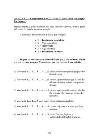 464
ANEXO 3.1 – Cuestionario S20/23 (Mélia Y Peiró,1989), en lengua
Portuguesa)
Habitualmente, o nosso trabalho, nos seus variados aspectos, produz graus
diferentes de satisfação ou insatisfação.
Classifique, de acordo com a escala que se segue,
• 1 = Totalmente insatisfeito
• 2 = Algo insatisfeito
• 3 = Indiferente
• 4 = Algo satisfeito
• 5 = Totalmente satisfeito
O grau de satisfação ou de insatisfação que o seu trabalho lhe dá
e propicia, colocando um X no número que corresponda à sua opinião:
1) Você está: l ..... 2 ..... 3 ..... 4 ..... 5, com o trabalho enquanto propiciador
de realização.
2) Você está: l ..... 2 ..... 3 ..... 4 ..... 5, com as oportunidades que o trabalho
oferece de fazer coisas nas quais se
destaca.
3) Você está: l ..... 2 ..... 3 ..... 4 ..... 5, com as oportunidades que o trabalho
lhe oferece de fazer as coisas de
que gosta.
4) Você está: l ..... 2 ..... 3 ..... 4 ..... 5, com o ordenado recebido.
5) Você está: l ..... 2 ..... 3 ..... 4 ..... 5, com os objetivos e metas que deve
alcançar.
6) Você está: l ..... 2 ..... 3 ..... 4 ..... 5, com a limpeza, higiene e
salubridade do local de trabalho.
 