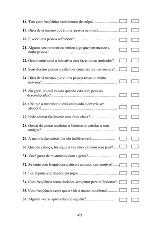 473
18. Tem com freqüênica sentimentos de culpa?..........................
19. Diria de si mesmo que é uma pessoa nervosa?.....................
20. É você uma pessoa sofredora?............................................
21. Alguma vez rompeu ou perdeu algo que pertencesse a
outra pessoa?.....................................................................
22. Geralmente toma a iniciativa para fazer novas amizades?
23. Seus desejos pessoais estão por cima das normas sociais?....
24. Diria de si mesmo que é uma pessoa tensa ou muito
nervosa?.................................................................................
25. No geral, só está calado quando está com pessoas
desconhecidas?......................................................................
26. Crê que o matrimonio está antiquado e deveria ser
abolido?.................................................................................
27. Pode animar facilmente uma festa chata?...........................
28. Gostar de contar anedotas e histórias divertidas a seus
amigos?...............................................................................
29. A maioria das coisas lhe são indiferentes?.........................
30. Quando criança, foi alguma vez atrevido com seus pais?.....
31. Você gosta de misturar-se com a gente?...............................
32. Se sente com frequência apático e cansado sem motivo?.......
33. Fez alguma vez trapaça em jogo?..........................................
34. Com freqüência toma decisões sem parar para reflexionar?..
35. Com freqüência sente que a vida é muito monótona?...........
36. Alguma vez se aproveitou de alguém?...............................
 