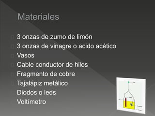 3 onzas de zumo de limón
3 onzas de vinagre o acido acético
Vasos
Cable conductor de hilos
Fragmento de cobre
Tajalápiz metálico
Diodos o leds
Voltímetro
 