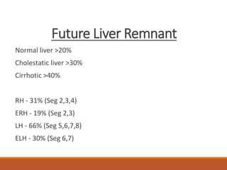 Future Liver Remnant
Normal liver >20%
Cholestatic liver >30%
Cirrhotic >40%
RH - 31% (Seg 2,3,4)
ERH - 19% (Seg 2,3)
LH - 66% (Seg 5,6,7,8)
ELH - 30% (Seg 6,7)
 