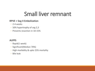 Small liver remnant
RPVE + Seg 4 Embolization
◦ 2-4 weeks
◦ 50% hypertrophy of seg 2,3
◦ Prevents resection in 10-15%
ALPPS
◦ Rapid(1 week)
◦ Significant(Median 70%)
◦ High morbidity & upto 15% mortality
◦ Bile leak
 