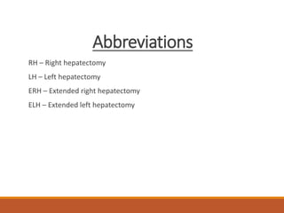 Abbreviations
RH – Right hepatectomy
LH – Left hepatectomy
ERH – Extended right hepatectomy
ELH – Extended left hepatectomy
 