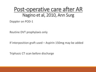 Post-operative care after AR
Nagino et al, 2010, Ann Surg
Doppler on POD-1
Routine DVT prophylaxis only
If interposition graft used – Aspirin 150mg may be added
Triphasic CT scan before discharge
 