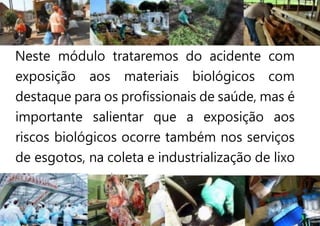 Neste módulo trataremos do acidente com
exposição aos materiais biológicos com
destaque para os profissionais de saúde, mas é
importante salientar que a exposição aos
riscos biológicos ocorre também nos serviços
de esgotos, na coleta e industrialização de lixo
 