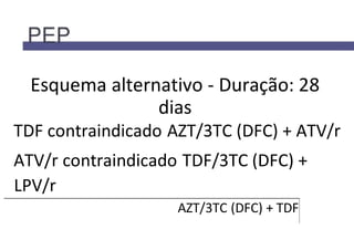 Esquema alternativo - Duração: 28
dias
TDF contraindicado AZT/3TC (DFC) + ATV/r
ATV/r contraindicado TDF/3TC (DFC) +
LPV/r
AZT/3TC (DFC) + TDF
 