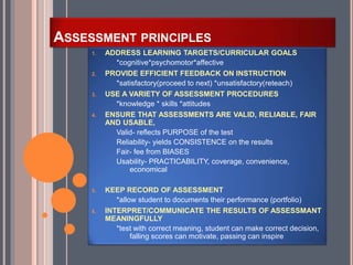 ASSESSMENT PRINCIPLES
1. ADDRESS LEARNING TARGETS/CURRICULAR GOALS
*cognitive*psychomotor*affective
2. PROVIDE EFFICIENT FEEDBACK ON INSTRUCTION
*satisfactory(proceed to next) *unsatisfactory(reteach)
3. USE A VARIETY OF ASSESSMENT PROCEDURES
*knowledge * skills *attitudes
4. ENSURE THAT ASSESSMENTS ARE VALID, RELIABLE, FAIR
AND USABLE,
Valid- reflects PURPOSE of the test
Reliability- yields CONSISTENCE on the results
Fair- fee from BIASES
Usability- PRACTICABILITY, coverage, convenience,
economical
5. KEEP RECORD OF ASSESSMENT
*allow student to documents their performance (portfolio)
6. INTERPRET/COMMUNICATE THE RESULTS OF ASSESSMANT
MEANINGFULLY
*test with correct meaning, student can make correct decision,
falling scores can motivate, passing can inspire
 