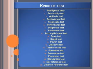 KINDS OF TEST
1. Intelligence test–
2. Personality test
3. Aptitude test
4. Achievement test
5. Prognostic test
6. Performance test
7. Diagnostic test
8. Preference test
9. Accomplishment test
10. Scale test
11. Speed test
12. Power test
13. Objective test
14. Teacher-made test
15. Formative test
16. Summative test
17. Placement test
18. Standardize test
19. Nor-reference test
20. Criterion-reference test
 