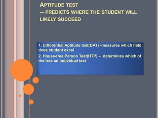 APTITUDE TEST
-- PREDICTS WHERE THE STUDENT WILL
LIKELY SUCCEED
1. Differential Aptitude test(DAT) -measures which field
does student excel
2. House-tree Person Test(HTP) – determines which of
the tree an individual test
 