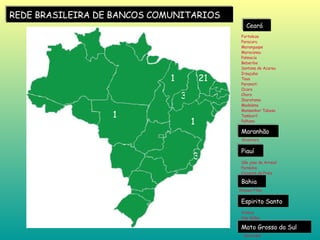 REDE BRASILEIRA DE BANCOS COMUNITARIOS 1 1 3 21 1 3 Ceará Fortaleza Paracuru Maranguape Maracanau Palmacia Beberibe Santana do Acarau Irauçuba Taua Paramoti Ocara Choro Ibaretama Madalena Monsenhor Tabosa Tamboril Palhano Madalena Caridade Maranhão Alcantara Piauí São joao do Arraial Parnaiba Cajueiro da Praia Bahia Simoes Filho Espirito Santo Vitória Vila Velha Mato Grosso do Sul Dourados 