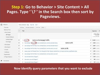 Step 1: Go to Behavior > Site Content > All
Pages. Type ‘ ? ’ in the Search box then sort by
Pageviews.
Now identify query parameters that you want to exclude
 