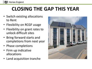 CLOSING THE GAP THIS YEAR
• Switch existing allocations
to Rent
• Flexibility on RCGF usage
• Flexibility on grant rates to
unlock difficult sites
• Bring forward starts and
completions from next year
• Phase completions
• Firm up indicative
allocations
• Land acquisition tranche
 