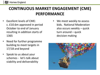 • Excellent levels of CME:
c. £10.6m approved in period
October to end of January
resulting in addition starts of
1365
• Need for further programme
building to meet targets in
17/18 and beyond
• Speak to us about your
schemes - let’s talk about
viability and deliverability
CONTINUOUS MARKET ENGAGEMENT (CME)
PERFORMANCE
• We meet weekly to assess
bids. National Moderation
also occurs weekly – quick
turn around – quick
decision making
 