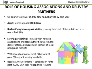 ROLE OF HOUSING ASSOCIATIONS AND DELIVERY
PARTNERS
• On course to deliver 65,000 new homes a year by next year
• Assets worth about £140 billion
• Reclassifying housing associations, taking them out of the public sector –
more flexibility
#WeAreHomesEngland
• Strong partnerships in place with housing
associations and local authorities working to
deliver affordable housing in context of local
needs and markets
• With recent announcement £2bn total of
over £9bn grant funding available
• Recent Announcements – certainty on rents
post 2020 / LHA caps / Supported Housing
 