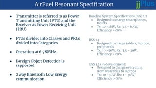 AirFuel Resonant Specification
● Transmitter is referred to as Power
Transmitting Unit (PTU) and the
Receiver as Power Receiving Unit
(PRU)
● PTUs divided into Classes and PRUs
divided into Categories
● Operation at 6.78MHz
● Foreign Object Detection is
supported
● 2 way Bluetooth Low Energy
communication
Baseline System Specification (BSS) 1.2
● Designed to charge smartphones,
tablets
● Tx: 10 -16W, Rx: 3.5 - 6.5W,
Efficiency > 60%
BSS 1.3
● Designed to charge tablets, laptops,
peripherals
● Tx: 10 -50W, Rx: 3.5 - 30W,
Efficiency > 60%
BSS 1.4 (in development)
● Designed to charge everything
from wearables to laptops
● Tx: 10 -50W, Rx: 1 - 30W,
Efficiency > 60%
 