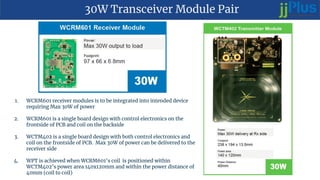 30W Transceiver Module Pair
1. WCRM601 receiver modules is to be integrated into intended device
requiring Max 30W of power
2. WCRM601 is a single board design with control electronics on the
frontside of PCB and coil on the backside
3. WCTM402 is a single board design with both control electronics and
coil on the frontside of PCB. Max 30W of power can be delivered to the
receiver side
4. WPT is achieved when WCRM601’s coil is positioned within
WCTM402’s power area 140x120mm and within the power distance of
40mm (coil to coil)
 