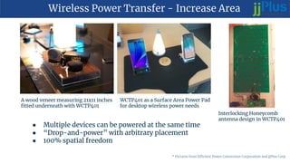 Wireless Power Transfer - Increase Area
A wood veneer measuring 21x11 inches
fitted underneath with WCTP401
WCTP401 as a Surface Area Power Pad
for desktop wireless power needs
Interlocking Honeycomb
antenna design in WCTP401
● Multiple devices can be powered at the same time
● “Drop-and-power” with arbitrary placement
● 100% spatial freedom
* Pictures from Efficient Power Conversion Corporation and jjPlus Corp.
 