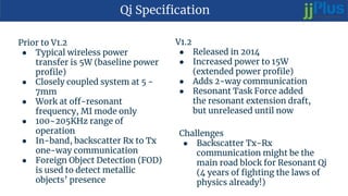Qi Specification
Prior to V1.2
● Typical wireless power
transfer is 5W (baseline power
profile)
● Closely coupled system at 5 -
7mm
● Work at off-resonant
frequency, MI mode only
● 100~205KHz range of
operation
● In-band, backscatter Rx to Tx
one-way communication
● Foreign Object Detection (FOD)
is used to detect metallic
objects’ presence
V1.2
● Released in 2014
● Increased power to 15W
(extended power profile)
● Adds 2-way communication
● Resonant Task Force added
the resonant extension draft,
but unreleased until now
Challenges
● Backscatter Tx-Rx
communication might be the
main road block for Resonant Qi
(4 years of fighting the laws of
physics already!)
 