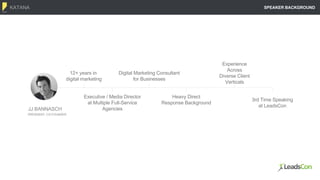 KATANA SPEAKER BACKGROUND
12+ years in
digital marketing
Executive / Media Director
at Multiple Full-Service
Agencies
Digital Marketing Consultant
for Businesses
Heavy Direct
Response Background
Experience
Across
Diverse Client
Verticals
3rd Time Speaking
at LeadsCon
JJ BANNASCH
PRESIDENT, CO-FOUNDER
 