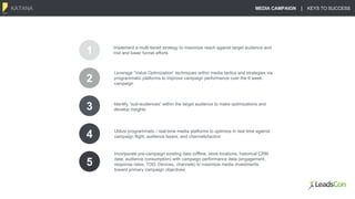 KATANA MEDIA CAMPAIGN | KEYS TO SUCCESS
1
2
3
4
5
Implement a multi-tiered strategy to maximize reach against target audience and
mid and lower funnel efforts
Identify “sub-audiences” within the target audience to make optimizations and
develop insights
Leverage “Value Optimization” techniques within media tactics and strategies via
programmatic platforms to improve campaign performance over the 6 week
campaign
Utilize programmatic / real-time media platforms to optimize in real time against
campaign flight, audience layers, and channels/tactics
Incorporate pre-campaign existing data (offline, store locations, historical CRM
data, audience consumption) with campaign performance data (engagement,
response rates, TOD, Devices, channels) to maximize media investments
toward primary campaign objectives
 