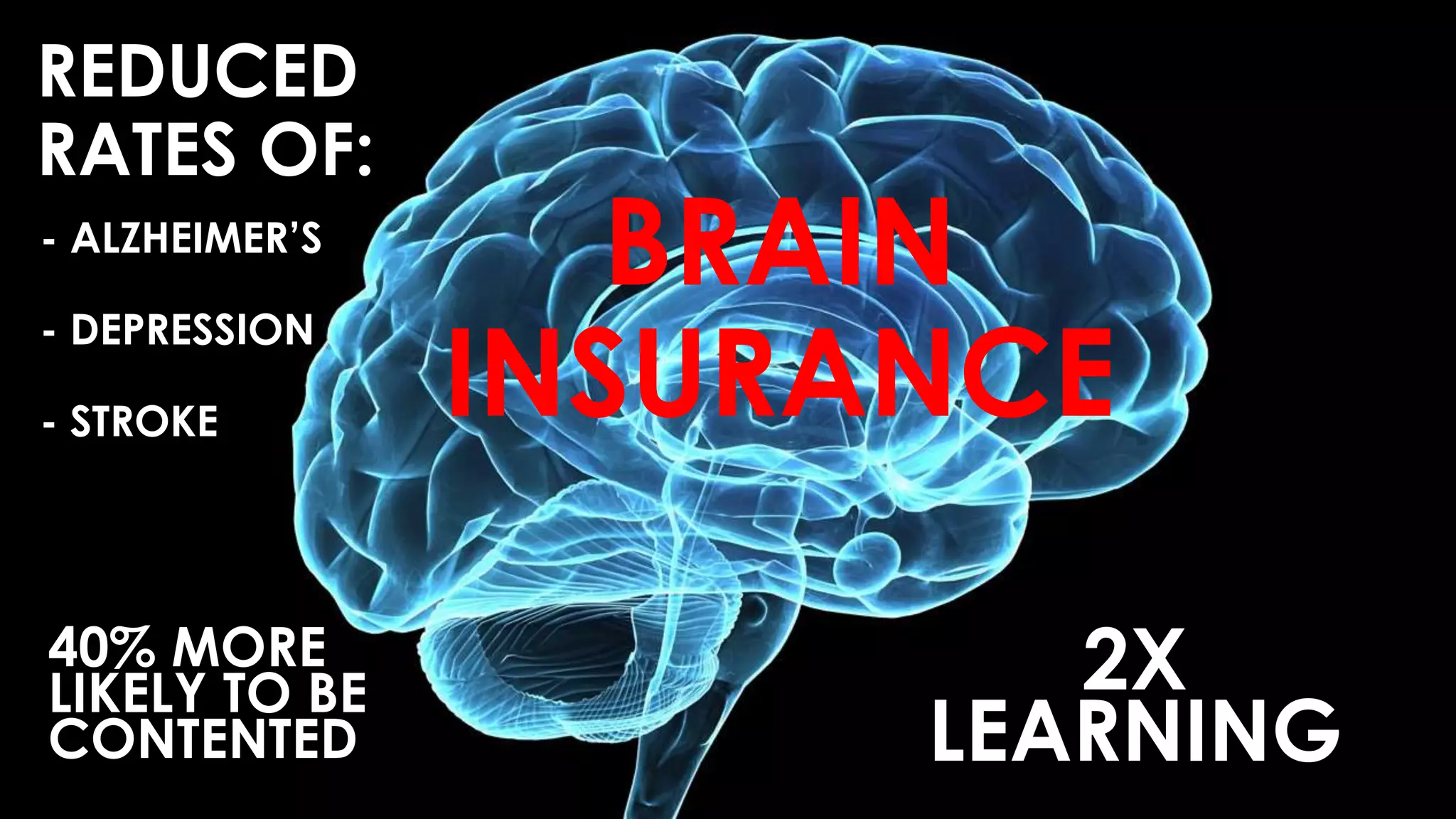 2X
LEARNING
REDUCED
RATES OF:
- ALZHEIMER’S
- DEPRESSION
- STROKE
BRAIN
INSURANCE
40% MORE
LIKELY TO BE
CONTENTED
 