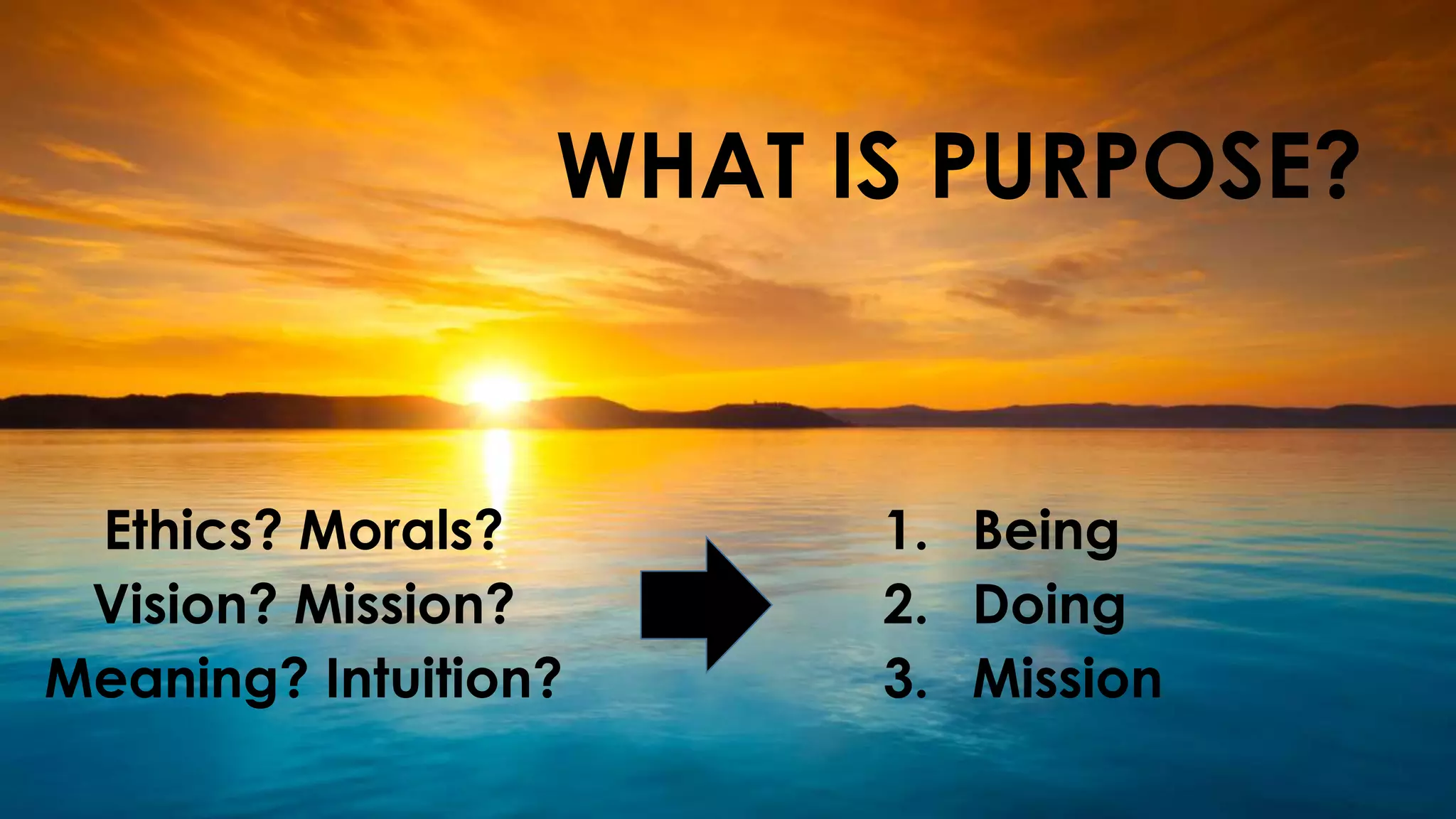 WHAT IS PURPOSE?
Ethics? Morals?
Vision? Mission?
Meaning? Intuition?
1. Being
2. Doing
3. Mission
 