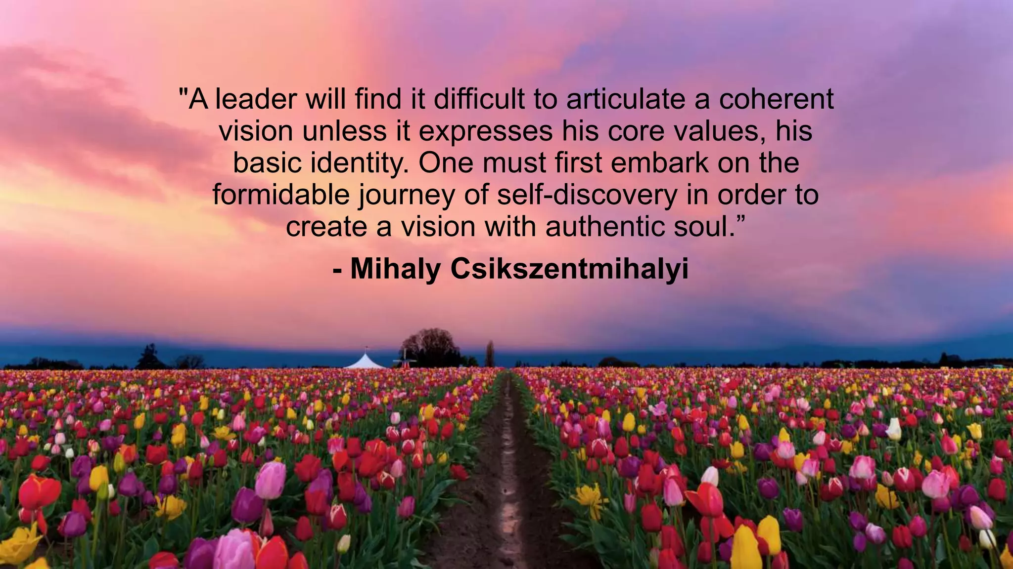 "A leader will find it difficult to articulate a coherent
vision unless it expresses his core values, his
basic identity. One must first embark on the
formidable journey of self-discovery in order to
create a vision with authentic soul.”
- Mihaly Csikszentmihalyi
 