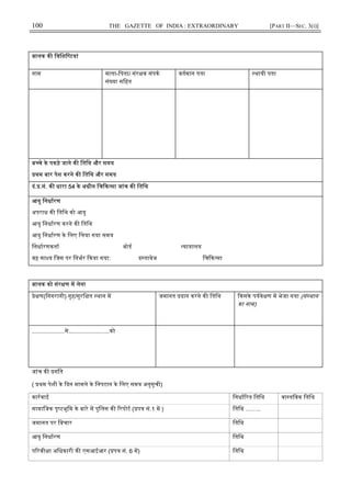 100 THE GAZETTE OF INDIA : EXTRAORDINARY [PART II—SEC. 3(i)]
बालक क िविशि टयां
नाम माता-िपता/ संर क संपक
सं या सिहत
वतमान पता थायी पता
ब चे के पकड़े जाने क ितिथ और समय
थम बार पेश करने क ितिथ और समय
दं. .सं. क धारा 54 के अधीन िच क सा जांच क ितिथ
आयु िनधारण
अपराध क ितिथ को आयु
आयु िनधारण करने क ितिथ
आयु िनधारण के िलए िलया गया समय
िनधारणकता बोड यायालय
वह सा य िजस पर िनभर कया गया: द तावेज िच क सा
बालक को संर ण म लेना
े ण(िनगरानी) गृह/सुरि त थान म जमानत दान करने क ितिथ कसके पयवे ण म भेजा गया (सं थान
का नाम)
....................से.........................को
जांच क गित
( थम पेशी के दन मामले के िनपटान के िलए समय अनुसूची)
कारवाई िनधा रत ितिथ वा तिवक ितिथ
सामािजक पृ टभूिम के बारे म पुिलस क रपोट ( प सं.1 म ) ितिथ ……..
जमानत पर िवचार ितिथ
आयु िनधारण ितिथ
प रवी ा अिधकारी क एसआईआर ( प सं. 6 म) ितिथ
 