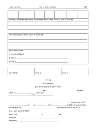 ¹Hkkx IIµ[k.M 3(i)º Hkkjr dk jkti=k % vlk/kj.k 103
बालक ारा अपराध कए जाने क ि थित म िनपटान संबंधी आदेश के कार (आदेश क सं या का उ लेख कर)
ा त िशकायत/सुझाव, य द कोई हो और क गई कारवाई।
_________________________________________________________________________________________________
_________________________________________________________________________________________________
_________________________________________________________________________________________________
_________________________________________
बोड क ट पणी / सुझाव
क. धान िजला अिधकारी. ________________________________________________________________
ख. सद य: 1 ________________________________________________________________
ग. सद य: 2 ________________________________________________________________
धान मिज ेट सद य- 1 सद य- 2
प 13
[िनयम 13(8)(iv)]
सुर ा के थान पर ब चे क आविधक समी ा
……………………………………………………….बनाम ………………………………………………के मामले म
.सू. र. सं..……………………………….. पुिलस थाना
…………………………………....धाराएं.......................................
……………………………………………………………………………………….…. (बालक का नाम), तारीख
………….…………………..को आयु ...............……, तारीख ……………………… को िविध के िव काय करते ए
पाया गया है और उसे ...............................................................................(सुर ा थान का नाम) म रखा गया है।
सुर ा थान म वेश करने क ितिथ –
समी ा अविध: ………..…………..……………… से....................…………..तक
बालका नाम …………………………………………………………………
िपता का नाम ……………………………………………………………………
 