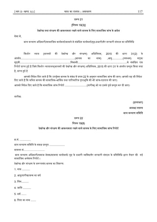 ¹Hkkx IIµ[k.M 3(i)º Hkkjr dk jkti=k % vlk/kj.k 117
प 21
[िनयम 19(3)]
देखरेख तथा संर ण क आव यकता रखने वाले बालक के िलए सामािजक जांच के आदेश
सेवा म,
बाल क याण अिधकारी/सामािजक कायकता/मामले से संबंिधत कायकता/गृह- भारी/गैर सरकारी संगठन का ितिनिध
कशोर याय (बालक क देखरेख और संर ण) अिधिनयम, 2015 क धारा 31(2) के
अंतगत..........................................................................(बालक का नाम) ,आयु...............(लगभग) सपु /
सुपु ी.....................................................................िनवासी...................................................................से संबंिधत एक
रपोट ा त ई है िजसे कशोर यायालय(बालक क देखरेख और संर ण) अिधिनयम, 2015 क धारा 31 के अंतगत तुत कया गया
है, ा त ई है
आपको िनदेश दए जाते ह क उपयु त बालक के संबंध म प 22 के अनुसार सामािजक जांच क जाए। आपको यह भी िनदेश
दए जाते ह क किथत बालक क सामािजक-आ थक तथा पा रवा रक पृ ठभूिम क भी जांच-पड़ताल क जाए।
आपको िनदेश दए जाते ह क सामािजक जांच रपोट ..............................(तारीख) को या इससे पूव तुत कर दी जाए।
तारीख:
(ह ता र)
अ य / सद य
बाल क याण सिमित
प 22
िनयम 19(8)
देखरेख और संर ण क आव यकता रखने वाले बालक के िलए सामािजक जांच रपोट
.सं. ...............
बाल क याण सिमित के सम तुत .....................
मामला सं.............................
बाल क याण अिधकारी/समाज सेवक/मामला कायकता/ गृह के भारी यि त/गैर सरकारी संगठन के ितिनिध ारा तैयार क गई
सामािजक अ वेषण रपोट ।
देखरेख और संर ण के ज रतमंद बालक का िववरण:
1. नाम ...........
2. आयु/तारीख/ज म का वष
3. लग..........
4. जाित ...........
5. धम .......
6. िपता का नाम .......
 