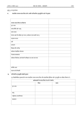 ¹Hkkx IIµ[k.M 3(i)º Hkkjr dk jkti=k % vlk/kj.k 133
भाग –I व मू यांकन
क . संभािवत पालक माता-िपता और उनक पा रवा रक पृ भूिम के बारे म सूचना
पालक माता-िपता का िववरण
पूरा नाम
ज म-ितिथ और आयु
ज म थान
ई-मेल आई डी सिहत पूरा पता ( वतमान एवं थायी पता )
पहचान सा य
धम
भाषा/एं
िववाह क तारीख
वतमान शै िणक यो यता
रोजगार/ वसाय
वतमान िनयो ा /कारोबारी ित ान का नाम एवं पता
वा षक आय
वा य क ि थित
ख. पा रवा रक पृ भूिम संबंधी सूचना
(1) िन िलिखत सूचना के साथ संभािवत पालक माता-िपता क सामािजक हैिसयत और पृ भूिम का संि िववरण द :
आवेदक/क के माता-िपता के बारे म यौरा
िपता माता
पूरा नाम
आयु
रा ीयता /नाग रकता
वसाय
 